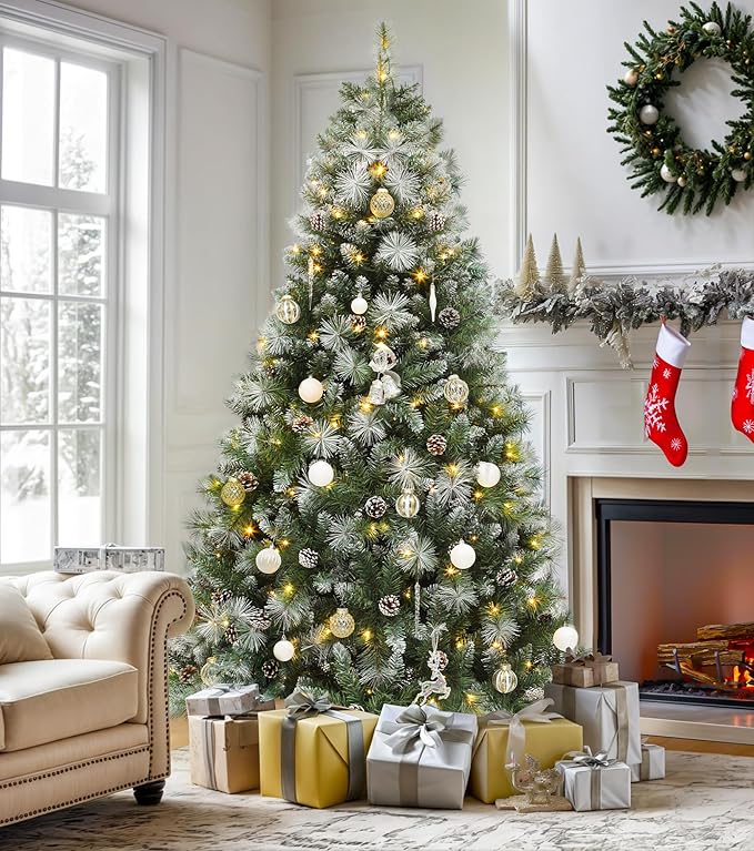 DWVO Prelit Christmas Tree 6ft with 56 Pine Cones & White Pine Needle, Atificial Tree with 250 LED Lights, Full Green Xmaxs Trees with 946 Metal Hinged Branch Tips & Stand Remote Controlled