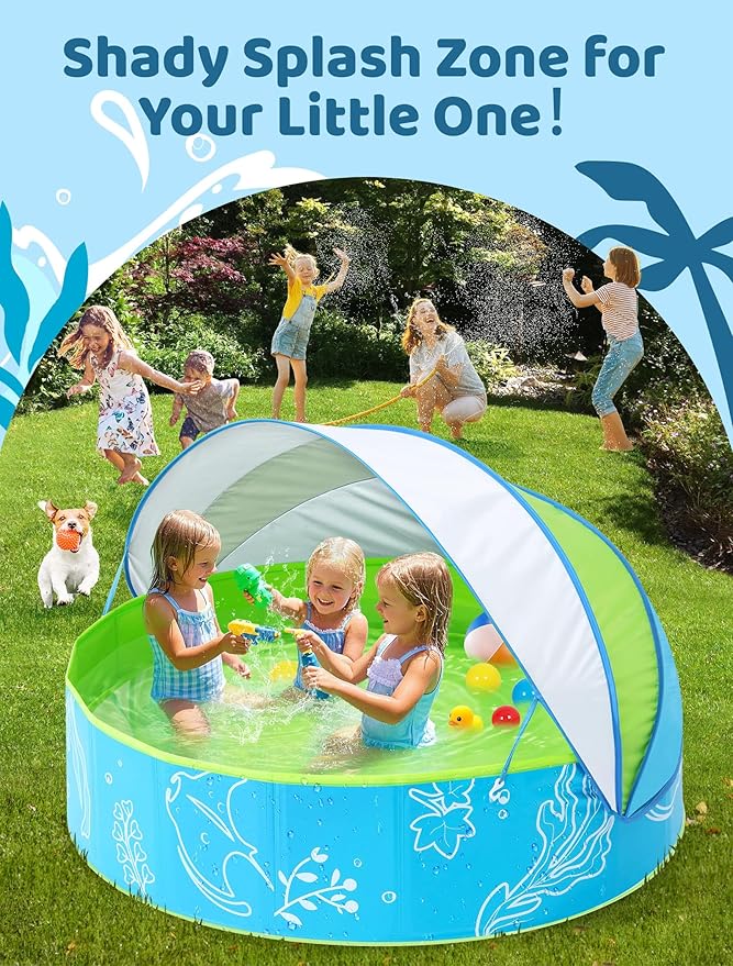 Foldable Kiddie Pool with Canopy: 47in Baby Pool and Beach Tent for Toddlers Infants 6-12 Months and Kids 2-4 Years Old - Portable Water Play with Shade for Outdoor Backyard Beach (Blue-Green)