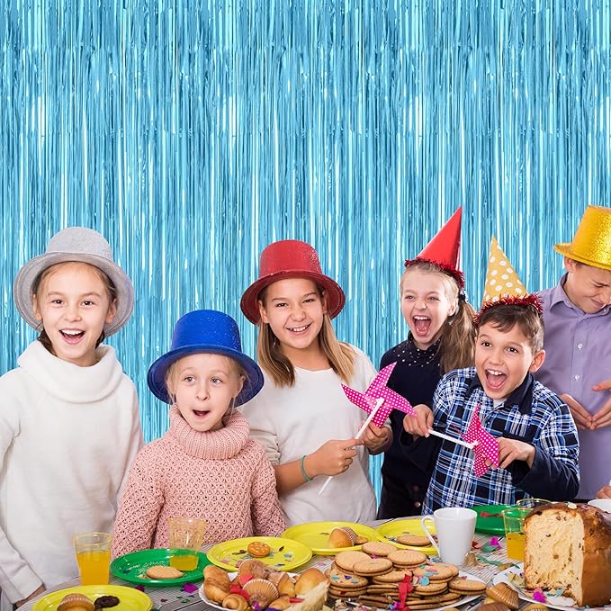 12 Pack Party Decorations, 3.28 FT x 7.05 FT Sky Blue Curtains, Metallic Party Streamers Photo Booth Backdrop Foil Fringe Curtains, Light Blue Winter Wonderland Backdrop Birthday Decor