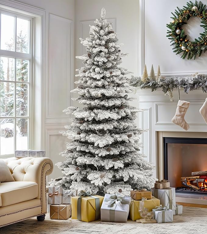 DWVO Flocked Christmas Tree Prelit 7.5ft, Atificial Christmas Tree with 550 LED Lights & 55 Pine Cones, Full Flocked Xmaxs Trees with 1278 Branch Tips, Metal Hinged & Stand Home Party Decoration