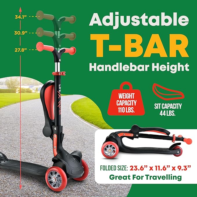 Kids Scooter – Foldable Seat – LED Wheel Lights Illuminate When Rolling – Children and Toddler 3 Wheel Kick Scooter – Adjustable Handlebar – Indoor and Outdoor- by Lifemaster