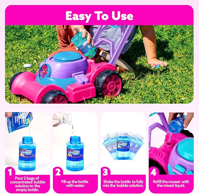SLOOSH Bubble Lawn Mower Toddler Toys - Kids Bubble Machine Summer Outdoor Push Toy Games, Backyard Garden Outside Play Toddlers Preschool Boys Girls Birthday Gifts (Pink)