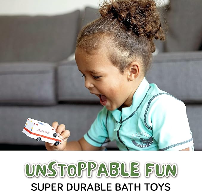 SplashEZ Mold Free Car Bath Toys for Kids | Toddler Bath Toys with No Hole for Water | Vehicles Set Ideal Size for Little Hands | Safe, Durable for Endless Tub Fun | Great for Boys & Girls Ages 0+