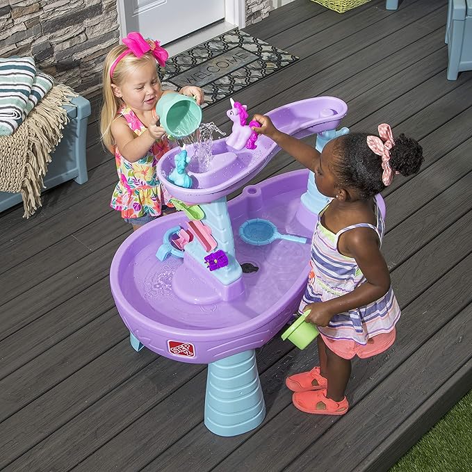 Step2 Rain Showers and Unicorns Water Table, Kids Water and Sand Activity Sensory Playset, Summer Outdoor Toys, 13 Piece Water Toy Accessories, for Toddlers 1.5+ Years Old, Blue & Purple