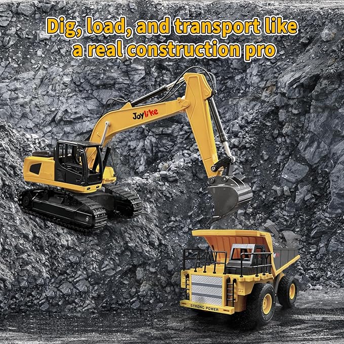RC Excavator and Dump Truck Toy Set,2.4Ghz Metal Remote Control Construction Vehicle with Light&Sound, Best Christmas Toy for Boys 8+Year Old Kid