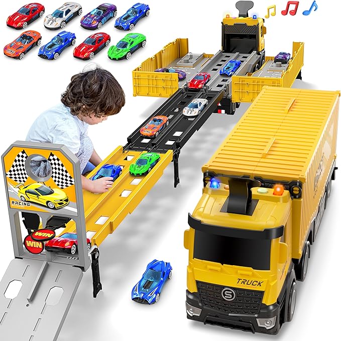 Carrier Truck Race Track Kids Toys, Foldable 3 Layer Toddler Track Playset, Toy Truck Transport Car Carrier & 8 Race Cars, Truck Car Toddlers Toys B-Day Gifts for Age 3 4 5 6+ Years Old Boys Girls