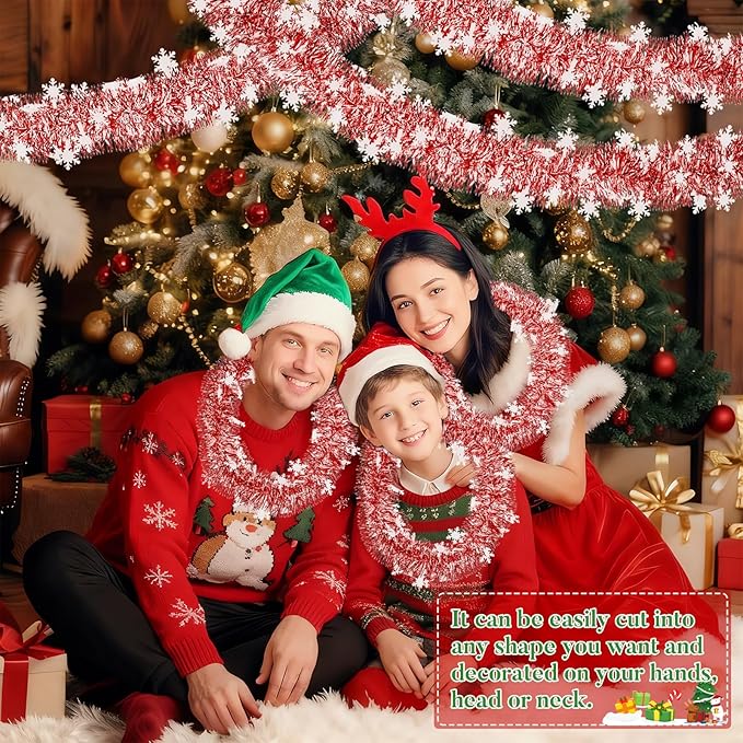 50Ft Christmas Red and Snowflake Tinsel Garland Metallic Twist Shiny Garland for Xmas Christmas Tree Ceiling Hanging Decorations Holiday Wedding Home Party Supplies Indoor Outdoor Decor