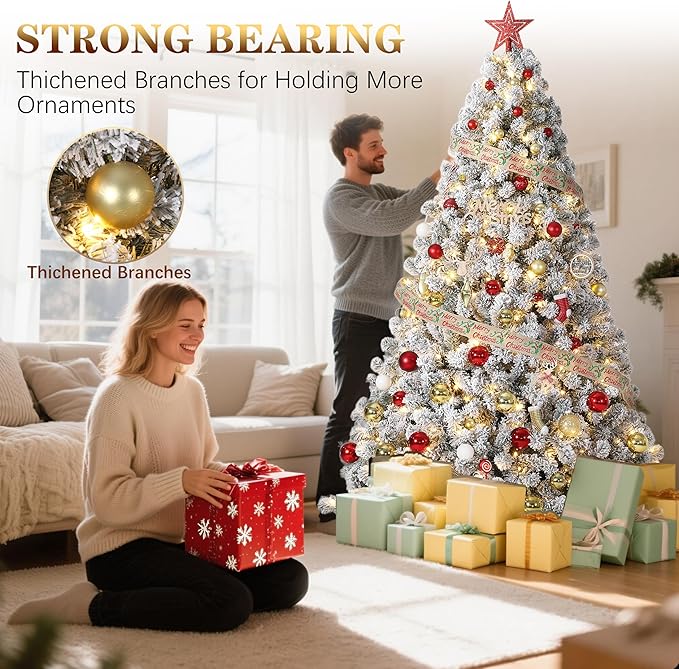 9 ft Christmas Tree, Christmas Decorations with 900 Lights, Pre-lit Artificial Christmas Tree with 1800 Snowy White PVC Branches, Flodable Metal Stand&Easy Assembly