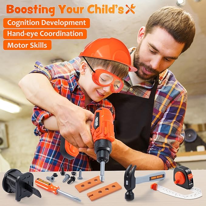 JOYIN 32PCS Kids Tool Set, Pretend Play Toddler Tool Toys with Construction Backpack Costume & Electronic Toy Drill for Boy Girl Halloween Present Birthday Dress Up Party