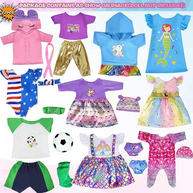 12 Sets 14-16-Inch Baby Doll Clothes Outfits, Dress, Headbands, Accessories Compatible With 43cm New Born Baby, 15-inch and 18-Inch Dolls