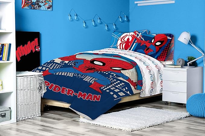 Jay Franco Marvel Super Hero Adventures Go Spidey 4 Piece Twin Bed Set - Includes Reversible Comforter & Sheet Set Bedding Features Spiderman - Super Soft Fade Resistant Microfiber
