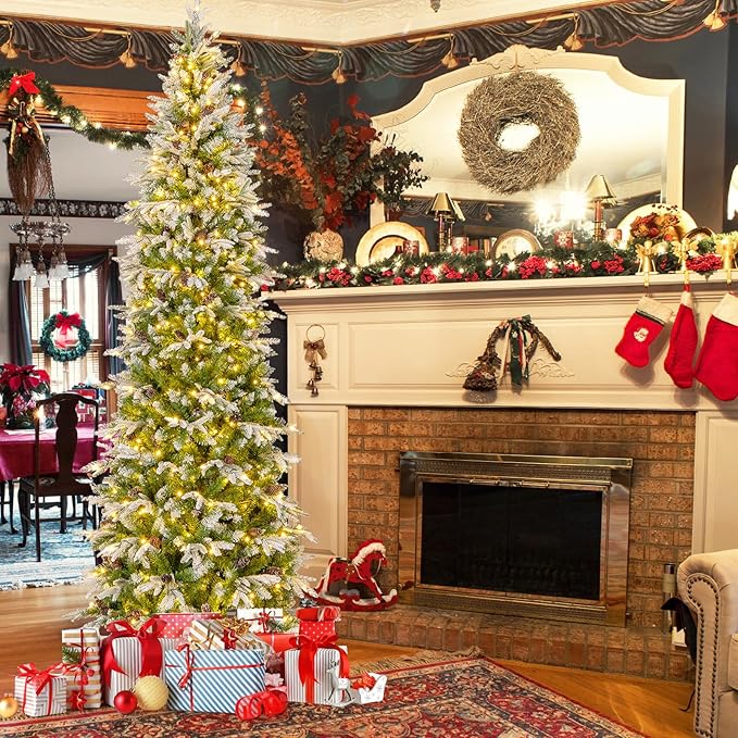 Goplus 9 FT Pre-Lit Pencil Christmas Tree, Artificial Snow Flocked Hinged Fake Slim Xmas Tree with 470 Warm-White LED Lights, 1310 Branch Tips, 98 Pine Cones, for Office Home Decoration