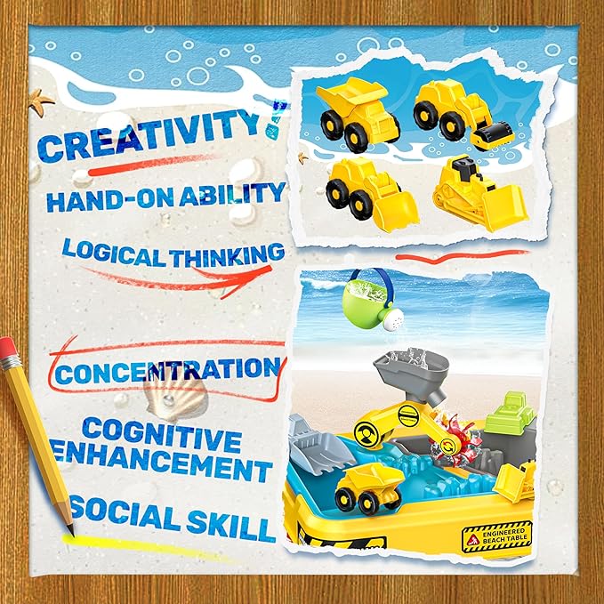 BELLOCHIDDO Sand and Water Table for Toddlers - Summer Toys with 4 Construction Trucks, Portable Outdoor Sandbox Activity Table, Beach Toys for Boys & Girls