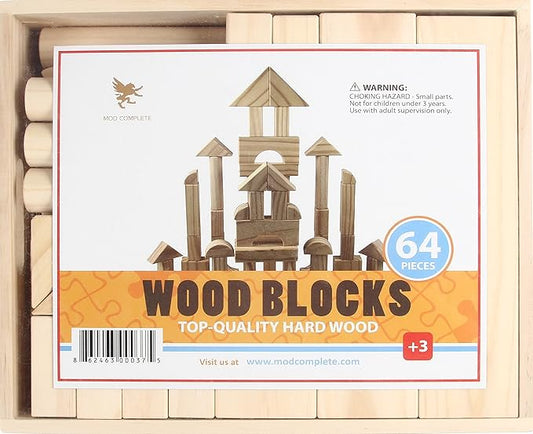 Standard Unit Building Blocks for Toddlers with Storage Tray (64 Pcs) Sanded Wood Blocks for Children, Original STEAM, and STEM Learning, Classic Wooden Toys for Kids Parties and Classrooms