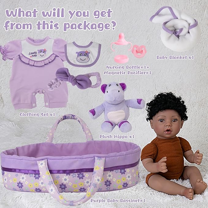 Reborn Baby Doll, 18-Inch Lifelike Baby Dolls American African Baby Girl Soft Cloth Body Newborn Baby Dolls with Clothes and Toy Accessories Birthday Gift for Kids Age 3+