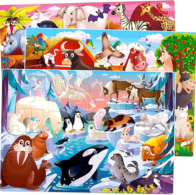 QUOKKA Puzzles for Toddlers 3-5 – 3 x 36 Pieces Floor Puzzles for Kids Ages 2-4 – 12 Toy Learning Farm Animals for 4-6 – Jigsaw Game for Boy and Girl 3-5-7 Year Old