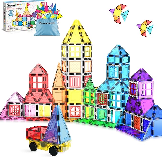 PicassoTiles Magnetic Tiles 61pc Magnet Tile Building Blocks Construction Sensory Toy Set with Storage Carry Case Drawstring Bag STEM Kids Learning Educational Pretend Play Boy Girl Ages 3+ & Up PT05