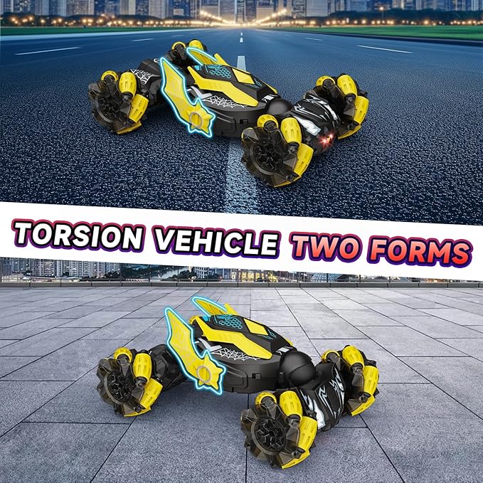 Remote Control Car Boys Toys: RC Cars 360°Flip 2.4Ghz Double Sided 4WD Transform Off Road for Rotating Hand & Remote Control Drift Stunt Cars Toy 6 7 8 9 10 11 12 Year Old Kids Girls (Yellow)