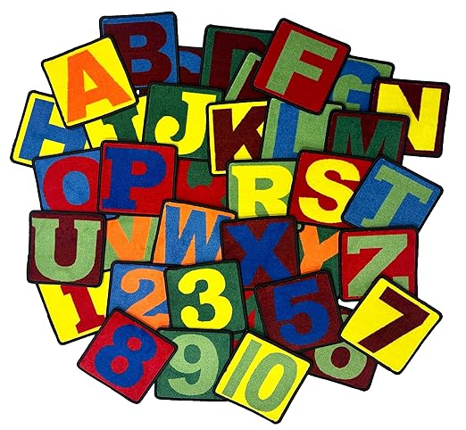 Flagship Carpets Alphabet Number Seating Squares – 12"x12" Durable and Colorful Kids Carpet Tiles for Classroom, Daycare, Playroom, or Home Learning – Set of 26