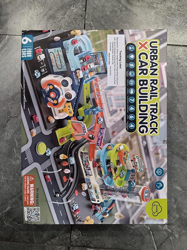 Fisca 2-in-1 Race Car Tracks PlaySet for Kids, Toy Car Ramp Track and Lifting Parking Lot, Dual Mode Toddler Car Track Toy Playset with 6 Cars, Automatic Rotary Elevator, Steering Wheel Music Driving