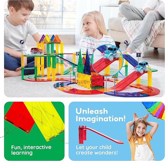 PicassoTiles 6 Piece Race Track Ramp Magnetic Building Block Set Magnet Tiles Construction Toy STEM Learning Kit Education Playset Playboard Pretend Play Stacking Blocks Child Brain Development PTR06