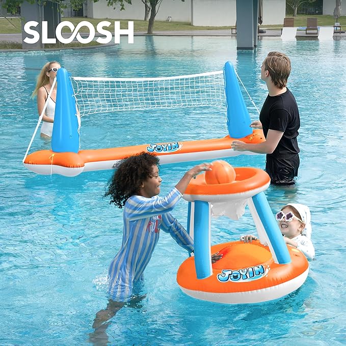 JOYIN XL Inflatable Pool Float Set, 125'' Volleyball Net & Basketball Hoops, Extra Large Floating Swimming Game Toy for Kids and Adults, Summer Floaties, Volleyball Court|Basketball, XL-Orange