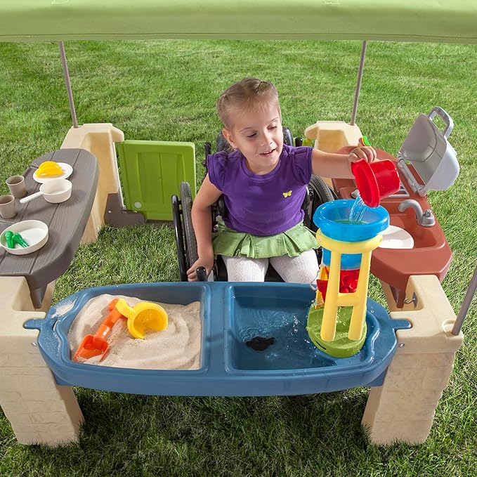 Step2 All Around Playtime Patio with Canopy, Kids Indoor/Outdoor Kitchen Playset & Sensory Playhouse, Made of Durable Plastic, Includes 16 Piece Toy Accessories, For Toddlers 2+ Years Old, Green