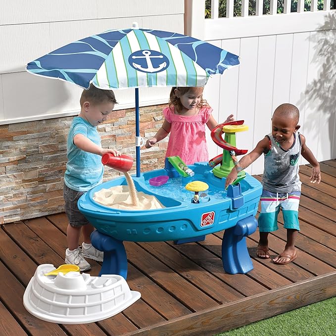 Step2 Fiesta Cruise Sand & Water Table with Umbrella, Kids Activity Sensory Playset, Summer Outdoor Toys, 10 Piece Water Toy Accessories, for Toddlers 2+ Years Old
