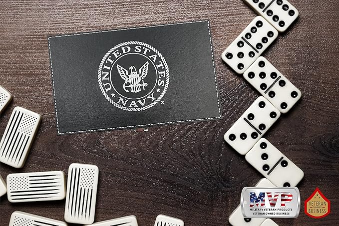 US Navy Double Nine Dominoes Set in Leather Box for Families and Kids Ages 8 and up - Play Chicken Foot, Mexican Train - Veteran Owned Business