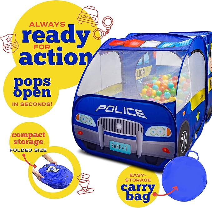 Police Car Pop Up Play Tent with Sound Button and Policeman Officer Costume for Kids, Toddlers, Boys, Girls, Indoors & Outdoors – Playhouse for Interactive Fun - Foldable, Quick Setup Pretend Play