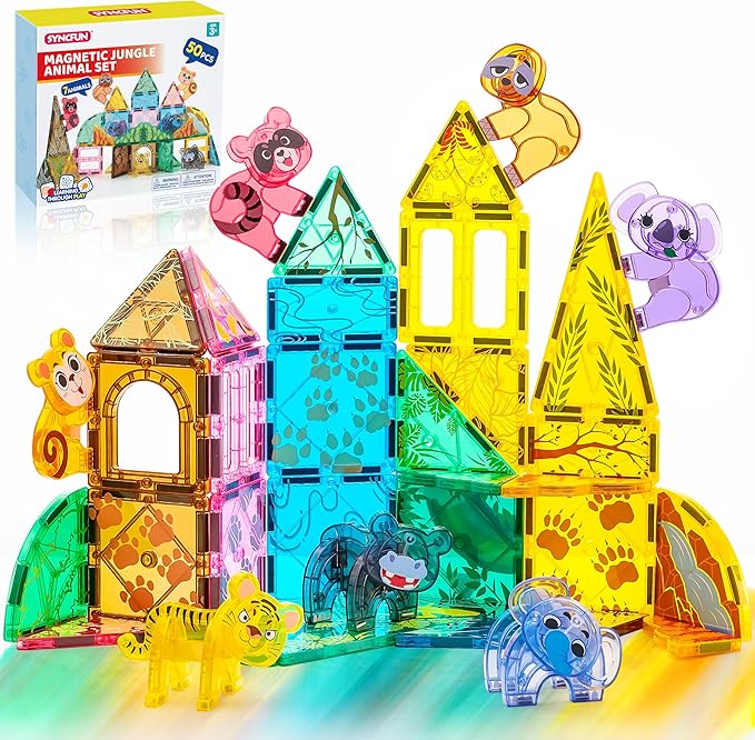 SYNCFUN Magnetic Building Tiles Jungle Animal Set for Kids, 50PCS Including 7 Cute Animals, Educational STEM Toy for Boys & Girls Ages 3-5 4-8, Christmas Birthday Party Gift for Toddlers