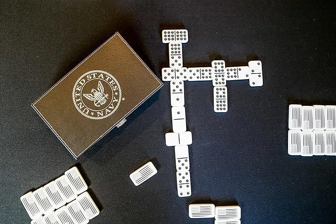 US Navy Double Nine Dominoes Set in Leather Box for Families and Kids Ages 8 and up - Play Chicken Foot, Mexican Train - Veteran Owned Business