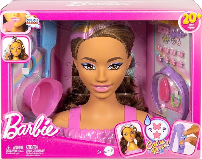Barbie Doll Styling Head, Dark Brown Hair with 20+ Hair Styling Accessories Including Star & Butterfly Color Change Hair Clips
