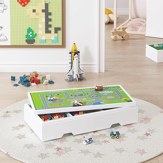 UTEX 3 in 1 Construction Play Table Compatible with Lego, Rolling Kids Activity Train Table with Storage and Wheels, Reversible Top Store Under Beds or Sofas