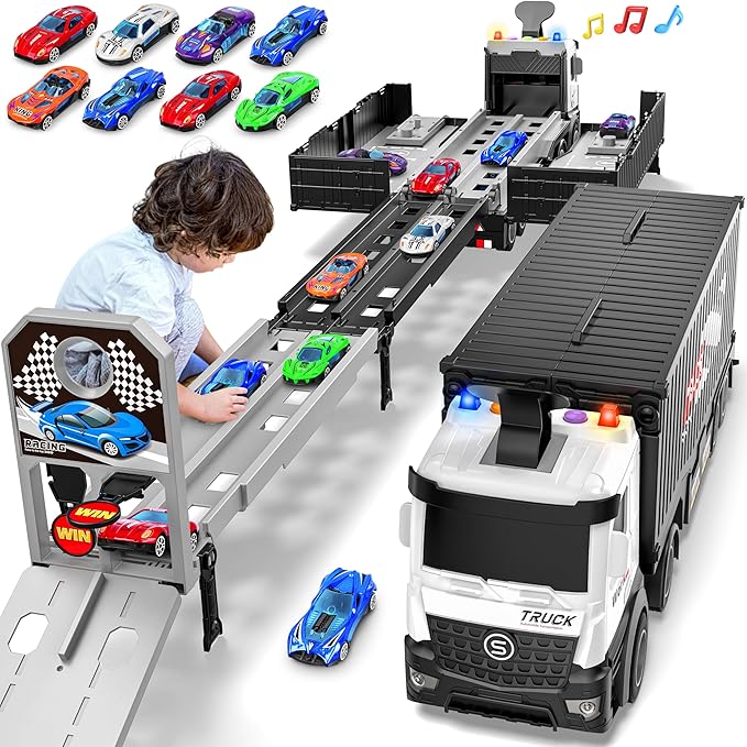 Carrier Truck Race Track Boys Toys, Foldable 3 Layer Toddler Track Playset,Toy Truck Transport Car Carrier & 8 Race Cars, Truck Toddlers Toys B-Day Gifts for Age 3 4 5 6+ Years Old Boys Toy