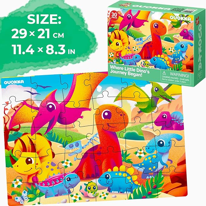 QUOKKA Puzzles for Toddlers 4-6 - 4 x 30 Pieces Puzzles for Kids Ages 3-4 - Dinosaur & Animals Learning Jigsaw Puzzles for Kids 3-5 Years Old - Educational Toys for Boy and Girl