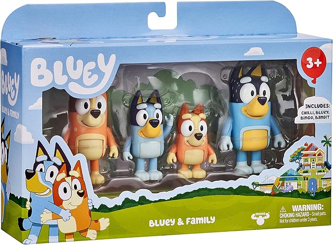 Bluey Family Figure 4-Pack – Includes Bluey, Bingo, Mum (Chilli) & Dad (Bandit), Poseable Collectible Toys for Kids, Durable Cake Toppers, for Toddlers & Fans, Ages 3+