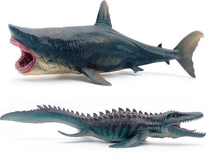 Gemini&Genius Mosasaurus and Megalodon Water Dinosaur Great White Shark Toys Set, Dinosaur with Sea Monster Set for Birthday Cake Toppers, Action Figure Toy Collections, Play or Display Toys for Kids