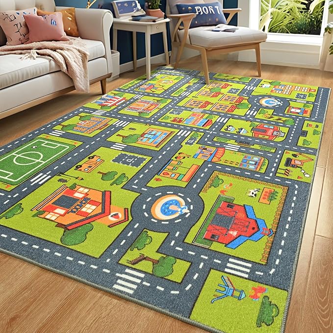 Merelax 5x8 Kids Car Rug Grey Green Area Rugs for Living Room Playroom Classroom Bedroom, Large Non Slip Kids Play mat Washable Rug, Educational City Traffic Road Map Fun Car Carpet for Ages 3-12