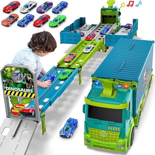 Carrier Truck Race Track Toddler Toys, Foldable 3 Layer Toddler Track Playset, Dinosaur Toy Truck Transport Car Carrier & 8 Race Cars, Truck Car Kids Toy Gifts for Age 3 4 5 6+ Year Old Boys Girls