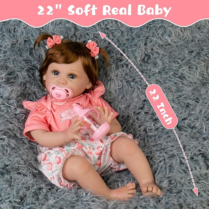 Realistic Baby Doll 22-Inch Lifelike Newborn Baby Doll Soft Cloth Body Real Life Baby Dolls with Clothes and Toy Accessories, Ideal Christmas Birthday Gift Set for Kids Age 3+