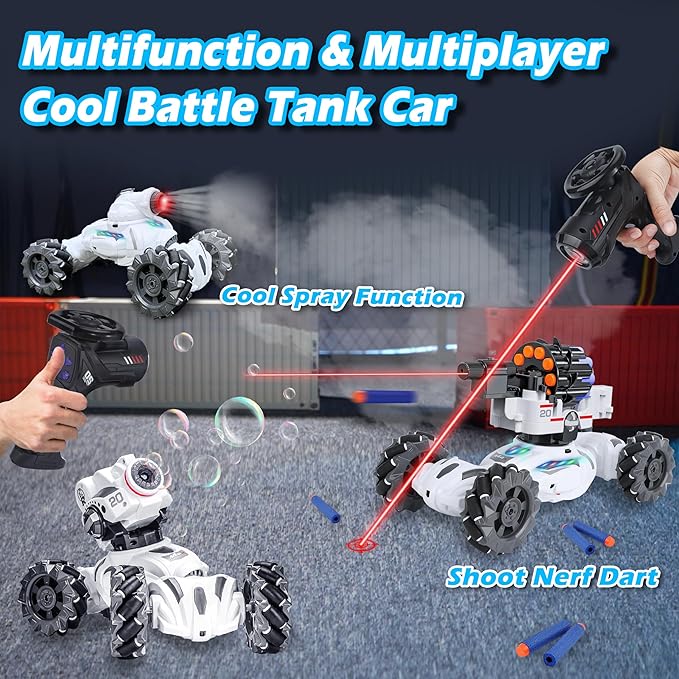 4 Head RC Tank Cars That Shoots Nerf Bullets, Bubble, Spray, Nerf Tank Remote Control Car for Boys 6 7 8 9 10 11 12 Year Old, RC Stunt Car Chase Light Control, LED Light, Music, Kids Toy Gift