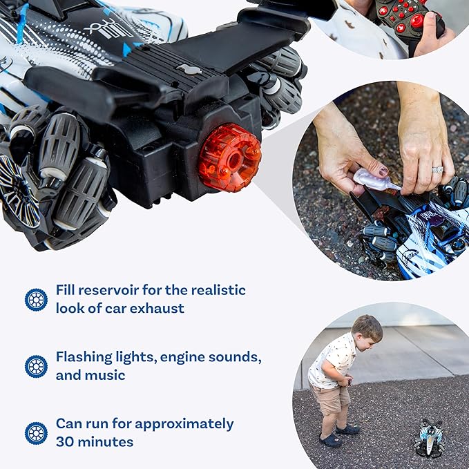Sunnydaze Stupendous Stunts Kids Remote Control Car - RC Car with Lights, Sounds, Steam for Ages 6+ - 360-Degree Rotation