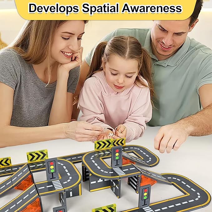 Upgraded Magnetic Tiles Road & Train Dual-Sided Expansion Pack, Magnetic Building Blocks Construction Toys for 3+Year Old Boys & Girls, Montessori Toys for Toddler, STEM Learning Gifts