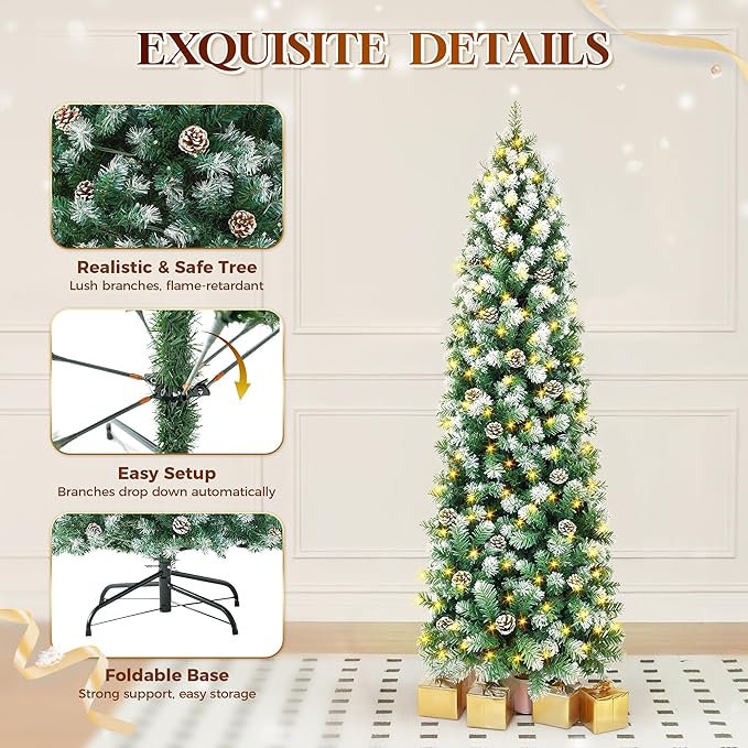 HOLLO STAR 6 ft Prelit Christmas Tree with 233 LED Lights, App Control, Slim Pencil Christmas Tree, Multi-Color RGBW Lights, 588 Flocked Frosted Tips, Xmas Tree, 51 Pine Cones, for Home, Party