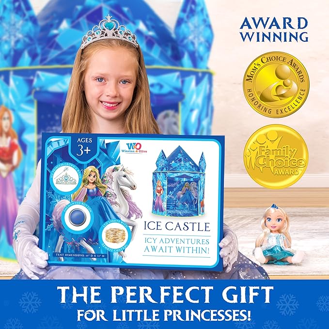 W&O Frozen Princess Tent for Girls with Magical Sound Button, LED Lights, Crown & Wand โ Indoor & Outdoor Frozen Tent for Girls Ages 3-7
