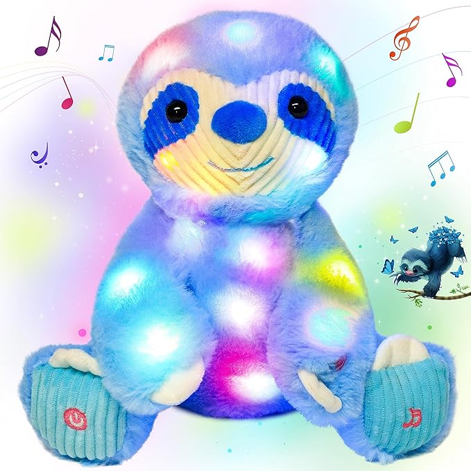 Cuteoy Blue Sloth LED Musical Stuffed Animal Light-up Singing Plush Adjustable Volume Lullaby Plushies Birthday Christmas Toy Gifts for Kids Toddler Girls, 13"