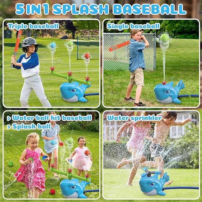 Splash Baseball Outdoor Water Toy, 3-in-1 Whale Sprinkler Set, DIY Assembly Kids Game