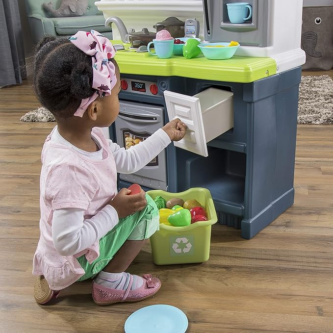 Step2 Lifestyle Custom Kids Kitchen Playset, Indoor/Outdoor Kitchenette, Interactive Play with Lights and Sounds, Made of Durable Plastic, 20 Piece Toy Accessories, Toddlers 2+ Years Old, Blue
