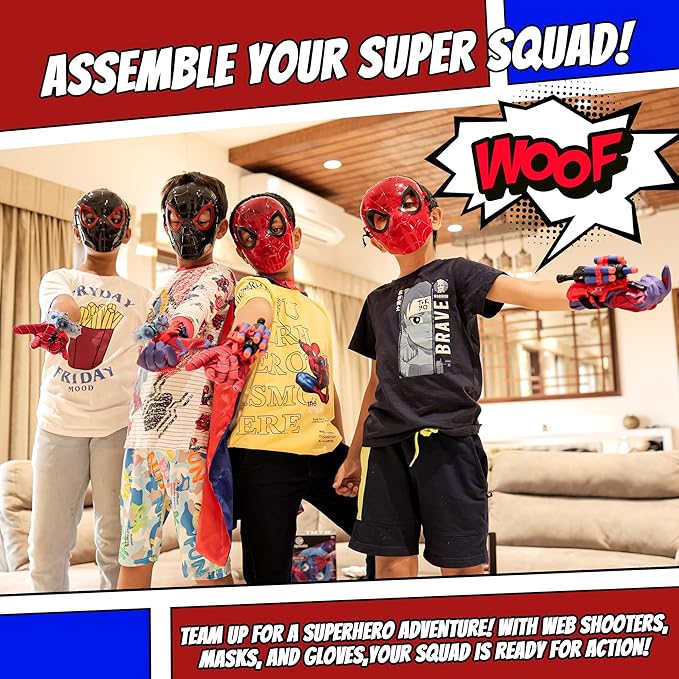 Superhero Web-Slinging Toy Set – 7-in-1 Superhero Set Includes 2 Web Shooters, 2 Hero Masks, 2 Gloves, and 1 Cape – Ideal for Indoor and Outdoor Costume Role-Playing, Imaginative Play for Kids Ages 3+